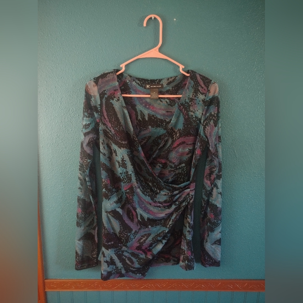 INC 90's International Concepts Whimsigoth Abstract Pattern Sheer Mesh Wrap Top